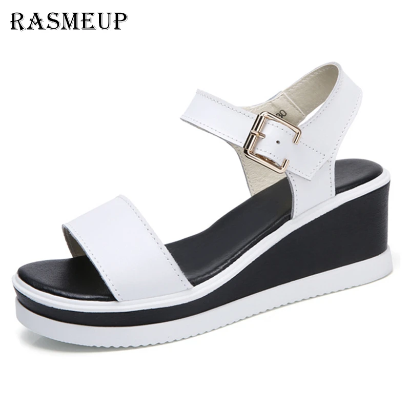 

RASMEUP Genuine Leather Women's Wedge Sandals 2018 New Fashion Women Summer Shoes Buckle Strap Casual Platform Woman Sandals