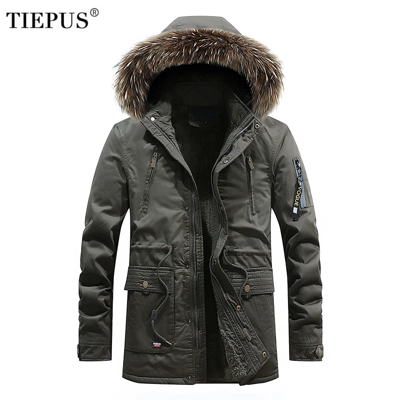 

TIEPUS new winter jacket men's fur collar hooded fleece Windbreaker men's military coat men's down jacket Men's Down parks