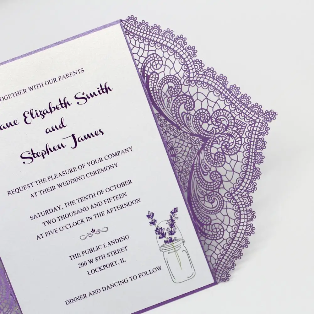  Laser Cut Wedding Invitations Purple Lace Invitation with Lavender Ribbon Unique Invitation Cards - - 4000032199302