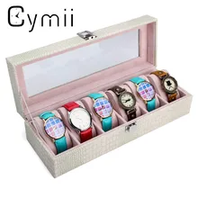 Cymii, 6 Слотов Смотреть Ящик Кожа Дисплей Стекло Топ Ювелирные Изделия Браслет Случае Организатор Подарок Белый