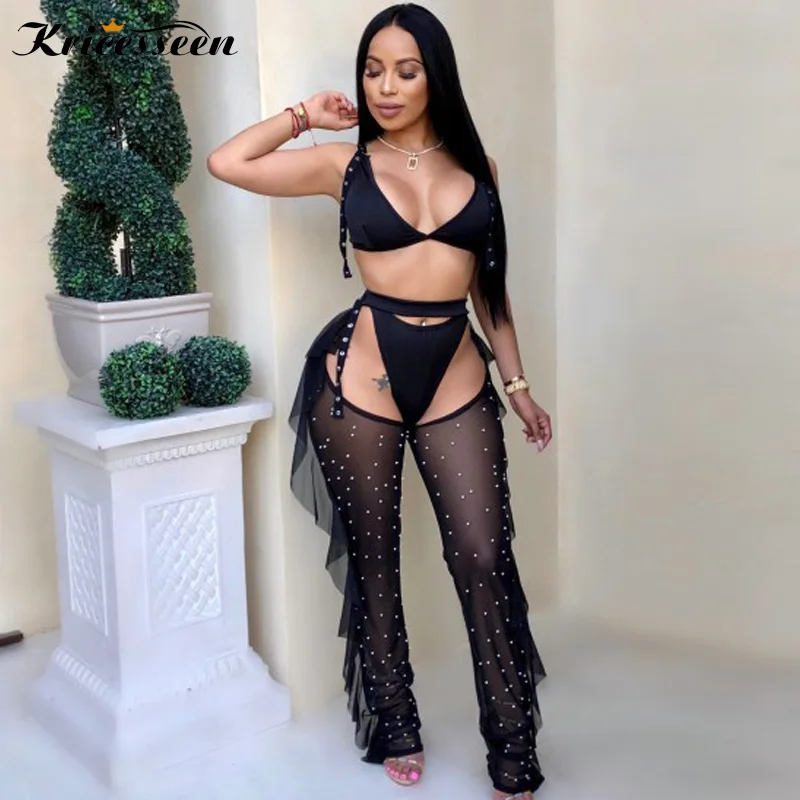 

Kricesseen Sexy Solid Mesh Pearls Details Two Pieces Pant Set Womens Ruffles Mesh Cover up Set Three Pieces Beach Wears Suits