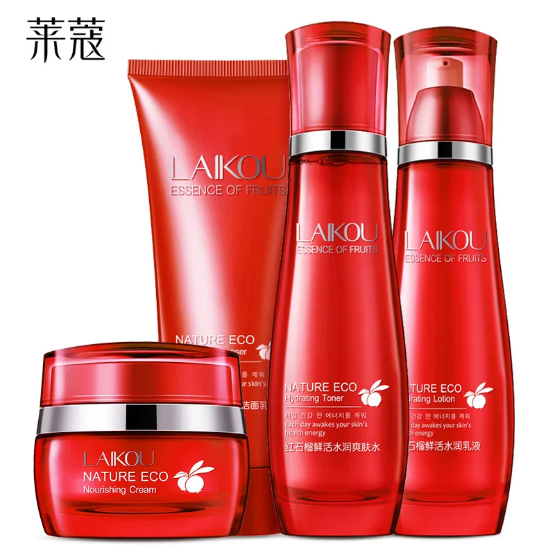 

4pcs LAIKOU Red pomegranate extract facial Skin care set cleanser+toner+Emulsion+cream moisturizing whitening Repair beauty suit