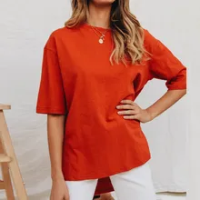 Новая мода Круглый воротник сплошной цвет футболка с короткими рукавами женская рубашка неровный подол свободные дна оранжевые Топы тенденция#40