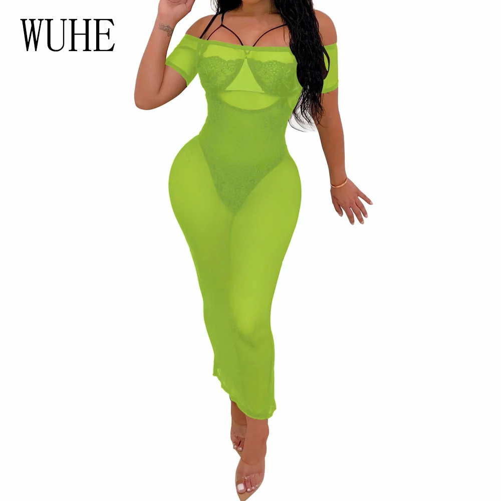 

WUHE Women Summer Strapless Sexy Perspective Mesh Bodycon Maxi Dress Fashion Black Vintage Short Sleeve Off Shoulder Party Dress