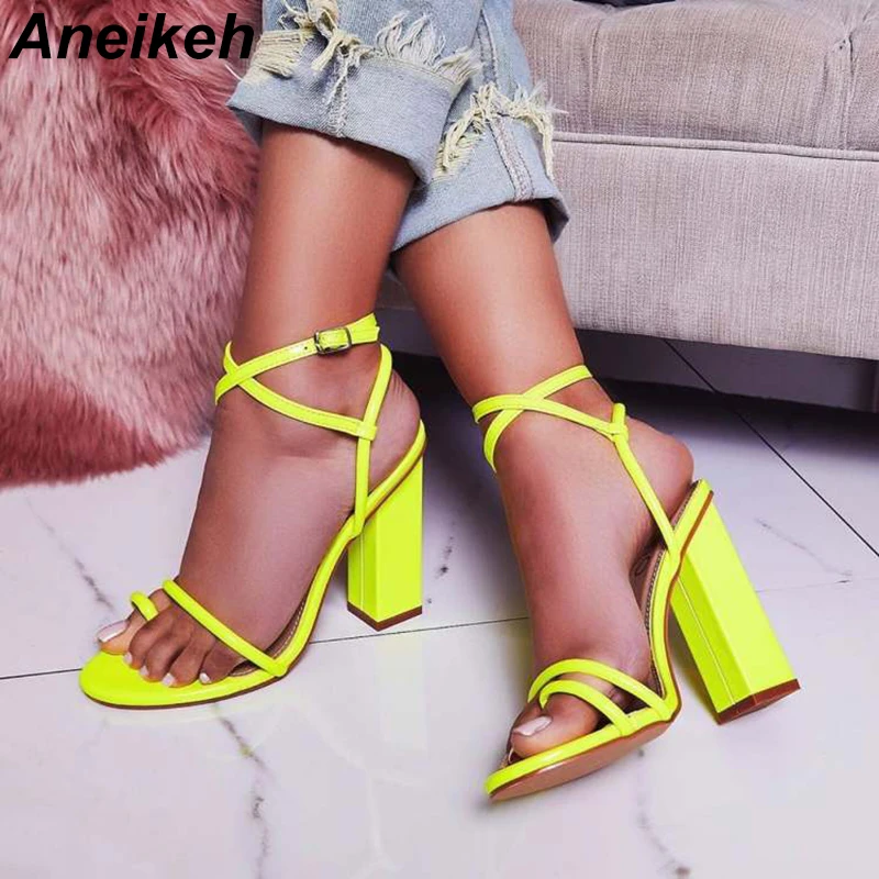 

Aneikeh PU Gladiator Women Heeled Sandals Bandage Ankle Strap Pumps Super High Heels 11.5 CM Peep Toe Lace-Up Dress Lady Shoes