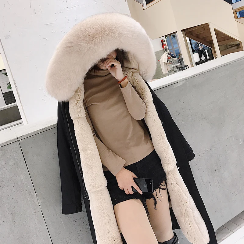 

2018 new winter fur coat Overcame Removable Rex Rabbit fur Inner Bile Fox Collar women fur jacket LK688