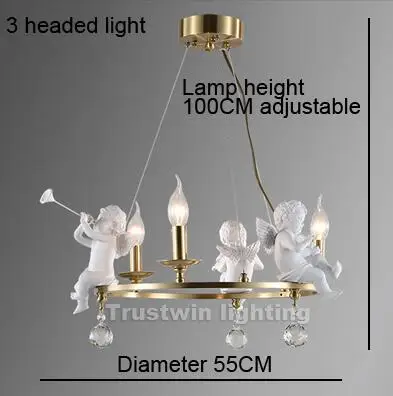 Европейский медный светодиодный светильник-люстра в виде ангела для детей, подвесной светильник из смолы с кристаллами из латуни для фойе, гостиной - Цвет абажура: 3 headed chandelier