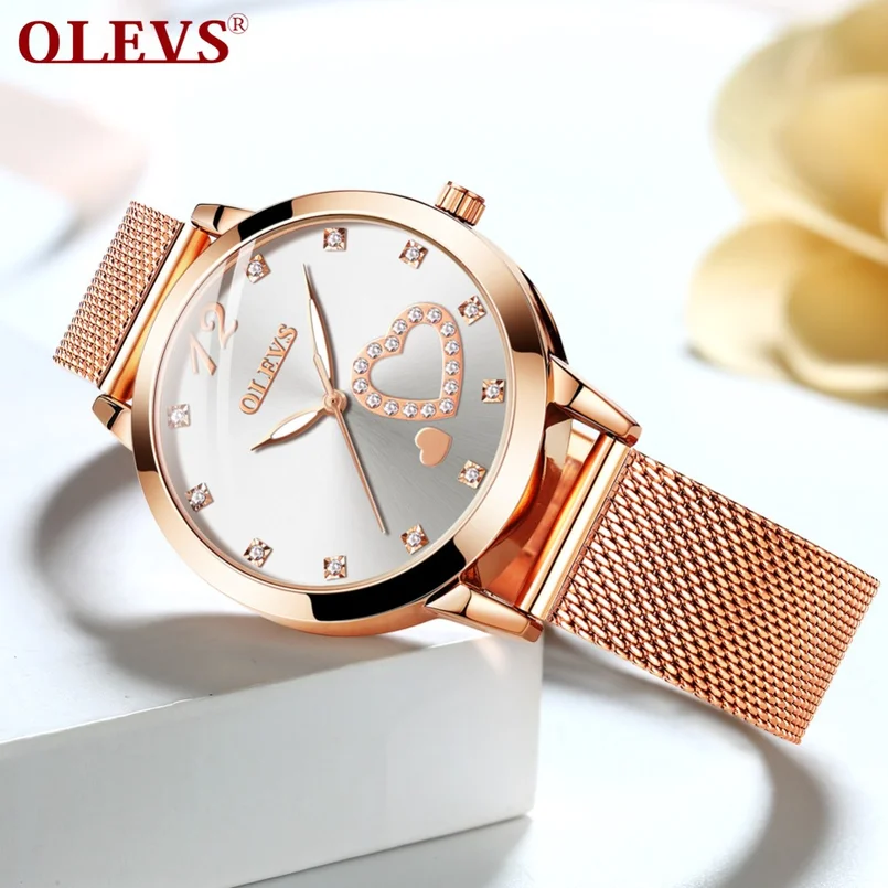 

OLEVS Ladies Watch Fashion Casual Lady Clock Gold Rhinestone Watch Girl Love Carving Girlfriend Lover Gift