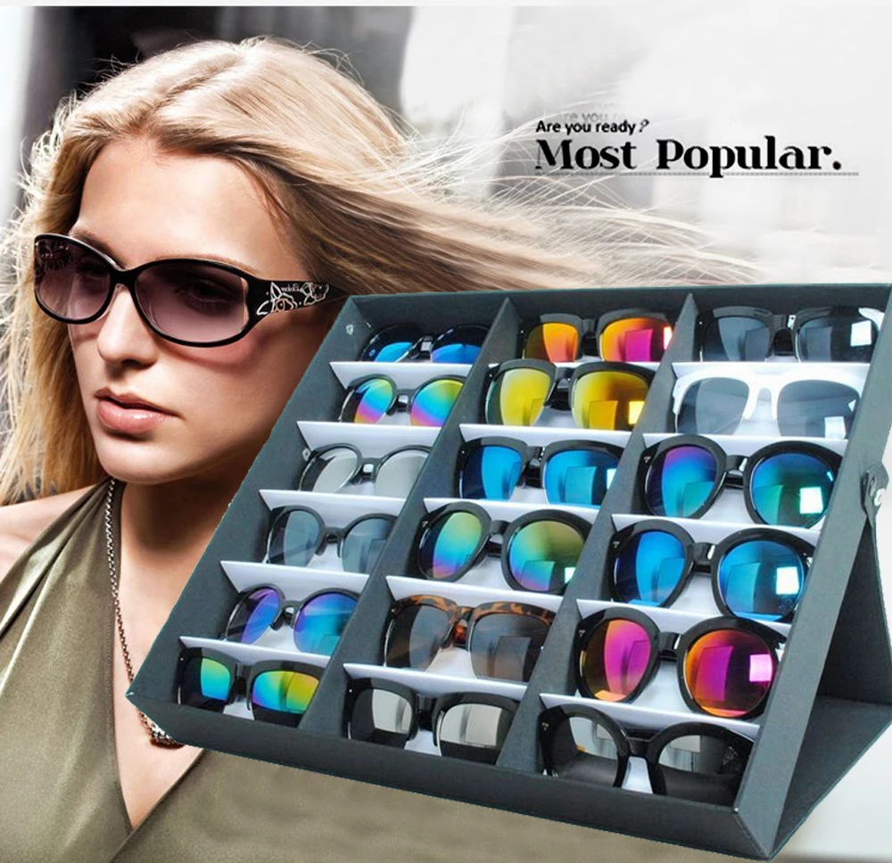 2016 Fashion Black Wood 18 Grids Eyeglass Box Eyewear Organizer Display