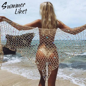 

Crochet fishnet bikini 2019 Summer fashion beach wear women cover up Sequini swimsuit tunic for women sarong Sexy cover-ups new