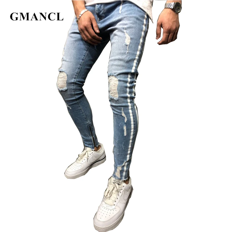 men hole side printing jeans