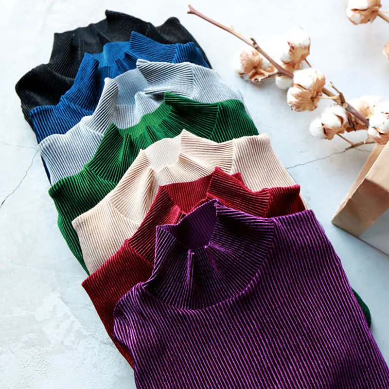

Johnature Autumn New 2019 Solid Color Casual Loose Render Tops For Women 7colors Vintage Pleuche Turtlenck T-Shirts