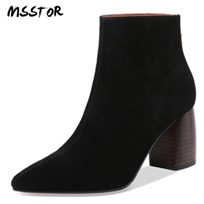 

MSSTOR Concise Black Womans Boots Pointed Toe Cow Suede Sewing Zipper Ladies Boots For Winter Pointed Toe Shoes Women High Heels