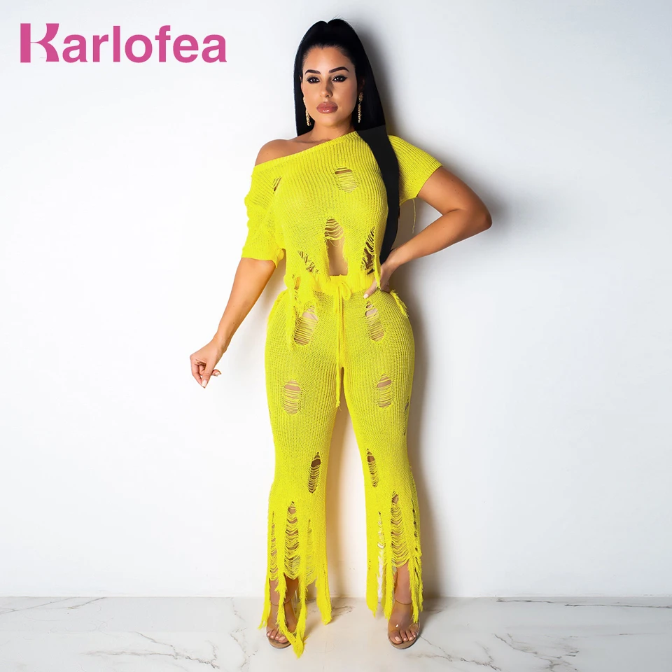 

Karlofea Summer Beach Cover Set Women Casual Beachwear Outfits Fashion Holes Knitted Two Piece Suit Bikini Cover Ups Tops Pants