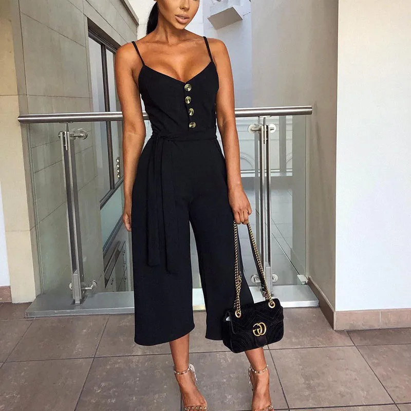 DORVIVON 2019 Summer Spaghetti Strap Sexy Women Jumpsuits Female Button Sash Bow Lace Up Bandage Rompers Womens Overalls
