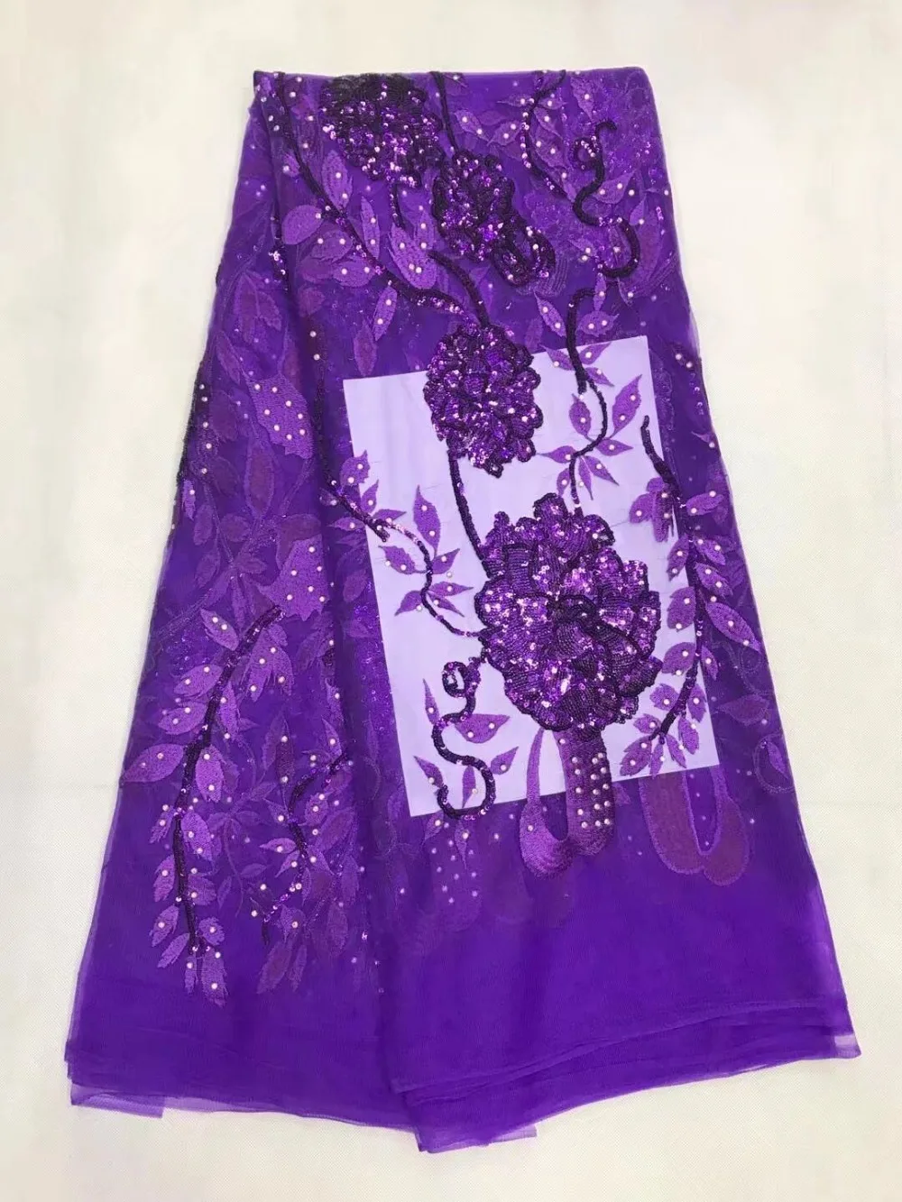 

2017 high quality with beads Purple sequins tulle lace fabrics for wedding decoration 3d mesh fabric