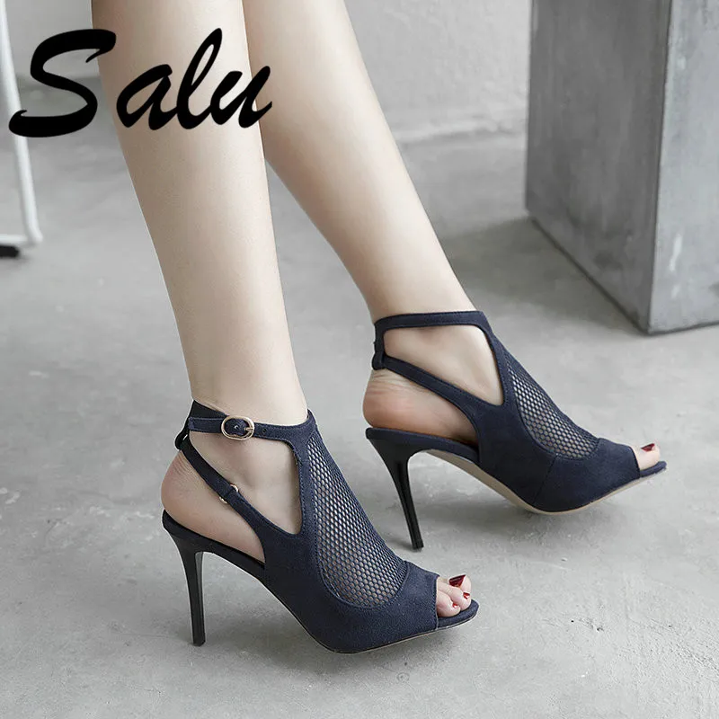 

Salu Fashion Leisure Women Sandals Summer Solid Thin Heels Shoes Buckle High Heel Wedding Shoes Woman Ladies Sandals