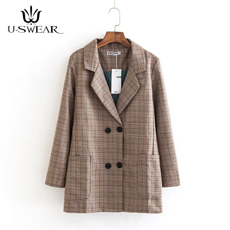 

U-SWEAR Autumn Winter Large Size Women's Blazers Coat Casual Plaid Women Long Coat Big Size Female Blazers Coat Outerwear