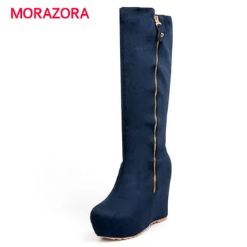 

MORAZORA 2018 new round roe super high heel women boots simple zipper wedges knee high boots autumn winter short plush boots