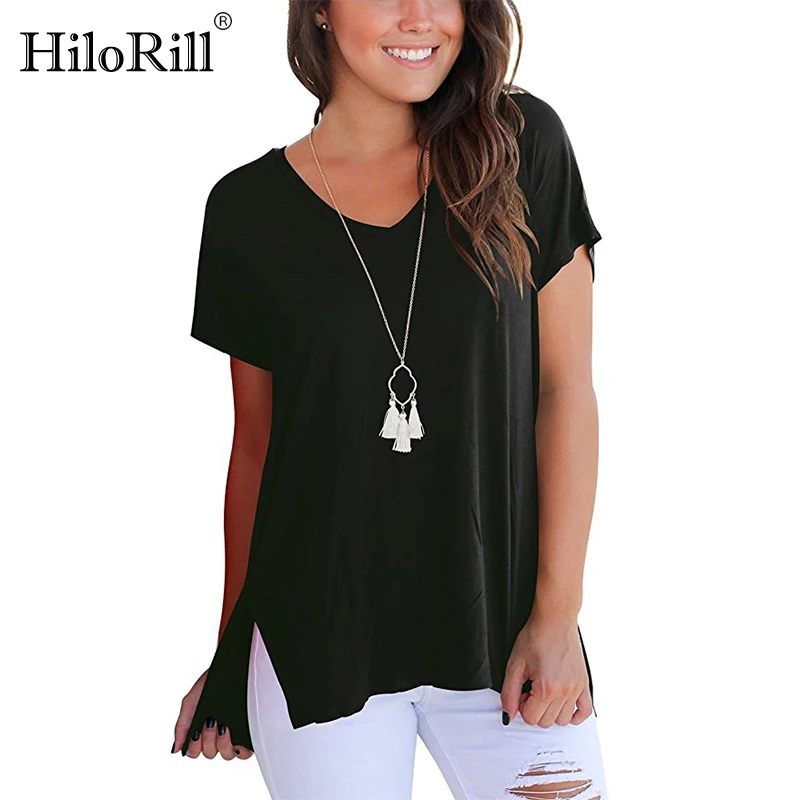 

Sexy V Neck Split Side Women Tshirt Tops 2019 Summer Short Sleeve Irregular Hem T-shirt Casual Solid Loose Tops 3XL dropshipping