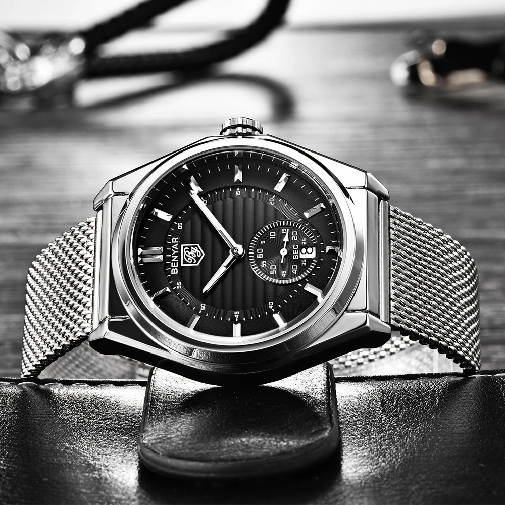  BENYAR Fashion Quartz Men Watch Top Brands Luxury Stainless Steel Military Waterproof Clock Leather