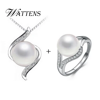 

WATTENS Pearl jewelry set, natural freshwater pearl pendant necklace and 925 sterling silver ring for women ,gift box