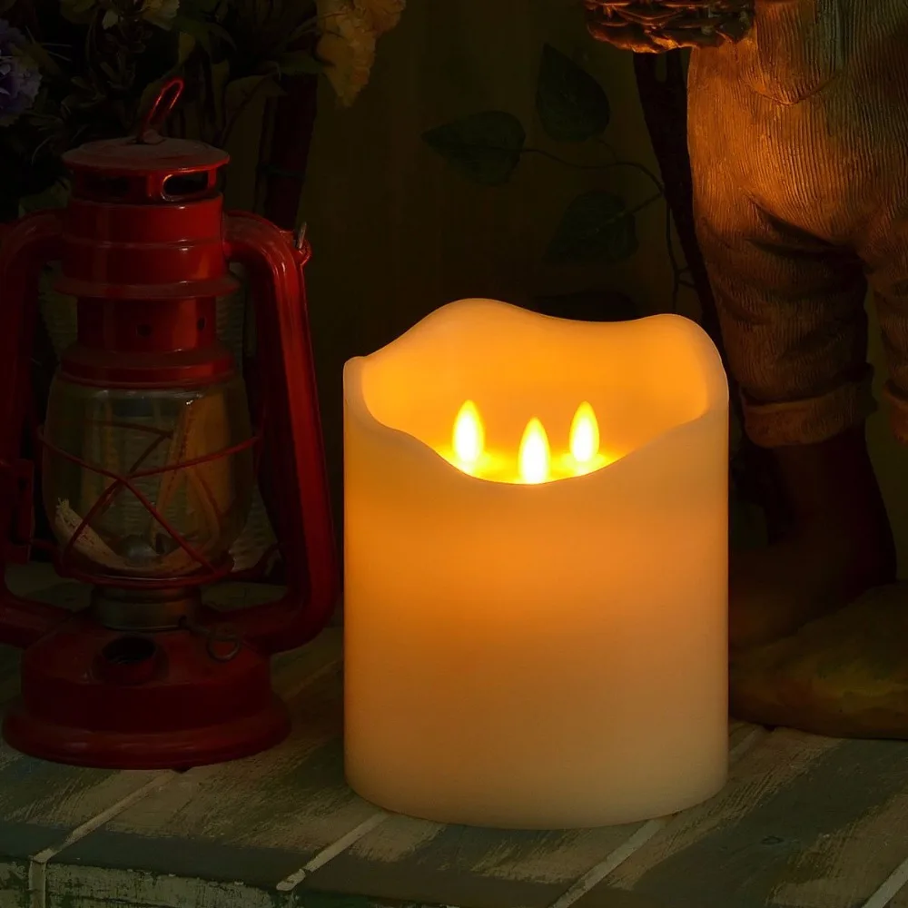 3 Moving Wicks Flameless Huge Wax LED Candle With Remote Control Ivroy