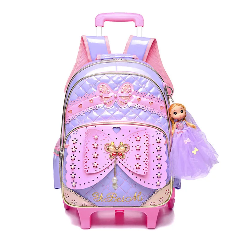 Детский Школьный рюкзак на колесиках для девочек, сумки для книг на колесиках, рюкзак, последние съемные детские школьные сумки с 2/3 колесами, лестницы - Цвет: purple 2 wheels