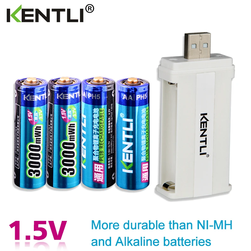 Billig KENTLI 4 stücke geringe selbstentladung 1,5 v 3000mWh AA wiederaufladbare Li polymer li ion polymer lithium batterie + 1 USB smart Ladegerät