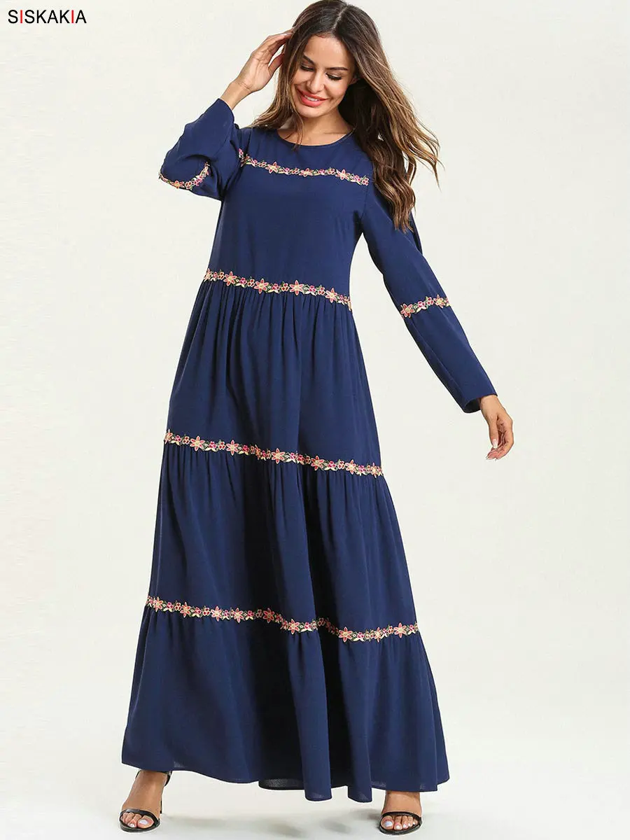 Siskakia мусульманское Рамадан длинное платье темно-синий круглый вырез платья-Макси с длинным рукавом Этническая Вышивка с драпированными оборками качели дизайн