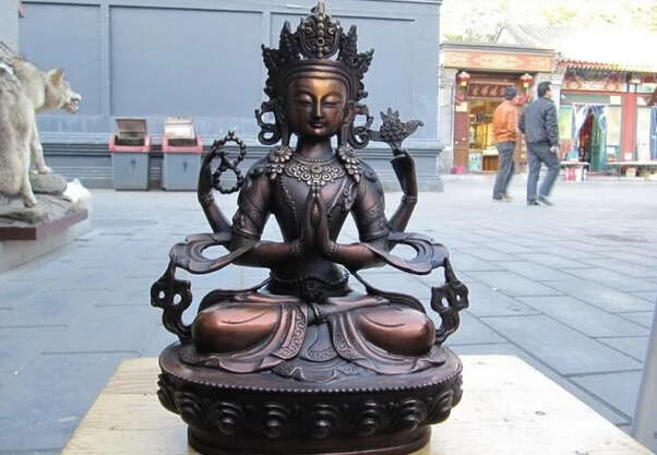 

S1042 12"chinese red Bronze Four Arm Hands Kwan-Yin Bodhisattva Buddha Statue D0318