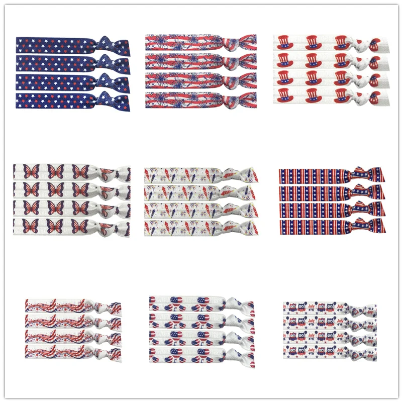 

9 Colors 40pcs 4th Of July Blue Red Star Prints Elastic Hair Band Knotted Hair Tie FOE Hairband Ponytail Holder Hair Accessories