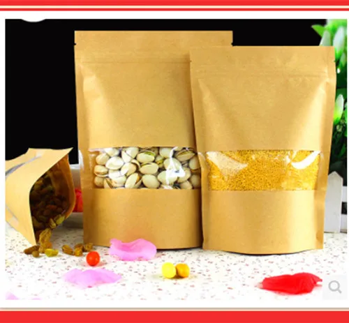 

14cm*20cm,100pcs/lot,stand up Zipper/zip lock Kraft paper bag with window PE inside kraft bag for food