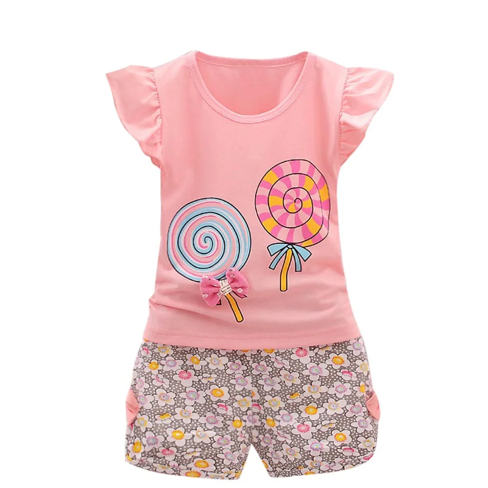 

2019 Summer Cute 2PCS Toddler Kids Baby Girls Princess Outfits Lolly T-shirt Tops+Short Pants Clothes Set Dropshipper