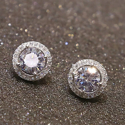 

Women's Fashion Round Zircon Inlaid Earrings Luxury Silver Tone Ear Stud Jewelry