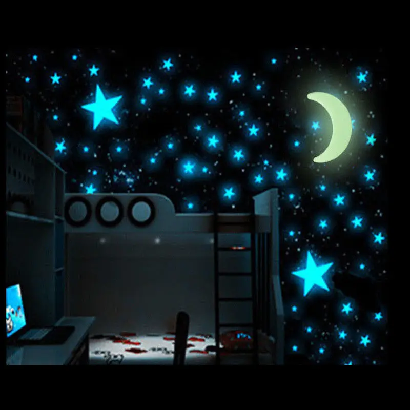 

New 100PCS Blue Star+1PC Moon 3D DIY Room Home Glow In The Dark Wall Sticker