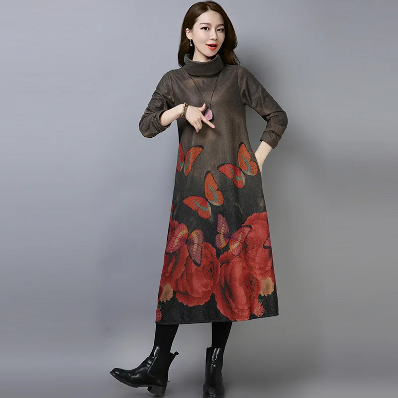 

Women's woolen dress female autumn and winter new large size loose printed retro long-sleeved high-neck dress elegant Vestido