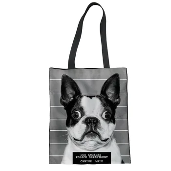 

FORUDESIGNS Grey Bulldog Printed Handbag Grocery Pouch Tote Portable Foldable Shopping Bag Cloth Fabric Shoulder Large Capacity