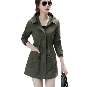 

2019 Spring New Windbreaker Femme Women Casual Pocket Trench Coat With Elastic Band Medium-long Outerwear Hooded Overcoat LP115