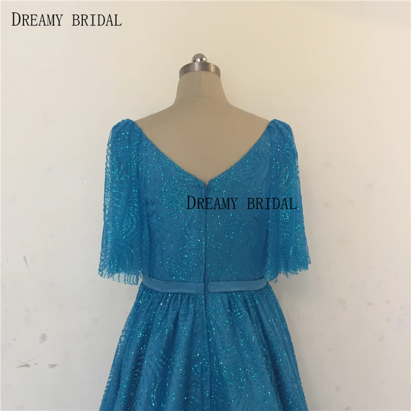 Dreamy Свадебные Элегантные Синие вечерние платья с блестящими камнями халат De Soiree половинные рукава сексуальные разрезы торжественные платья под заказ сделано