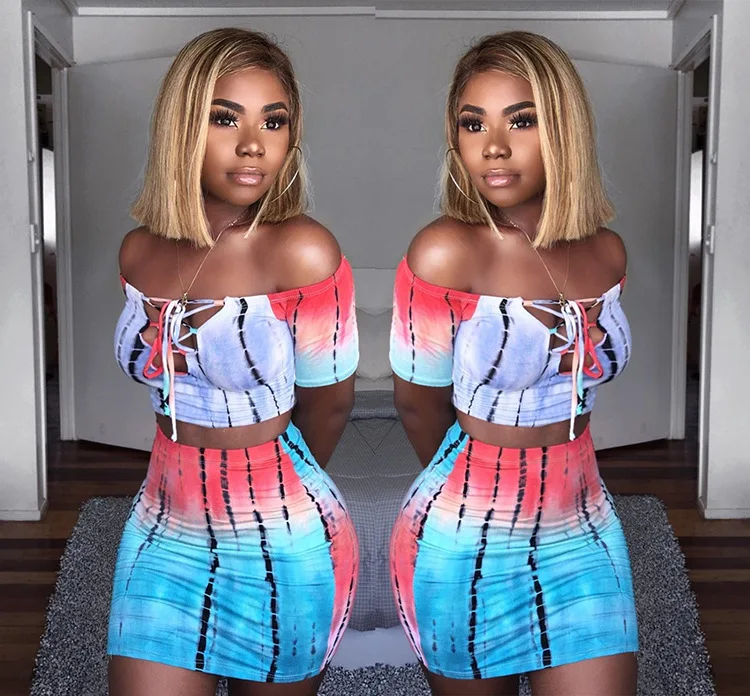 

Sexy Two Piece Set Summer Printed Lace Up Crop Top And Skirt Set Shorts 2019 Casual Tracksuit 2 Piece Outfits