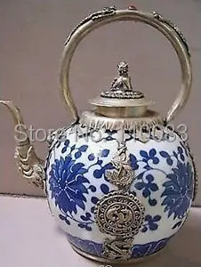 

Vintage Handwork Teapot For Chinese Oriental Tibet Silver dragon Blue White Porcelain teapot Antique Metal Wholesale