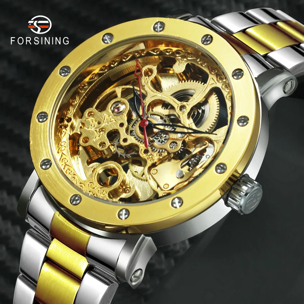 

FORSINING New Fashion Dress Men Auto Mechanical Watches Top Brand Luxury Stainless Steel Skeleton Contrast Color Male Wristwatch