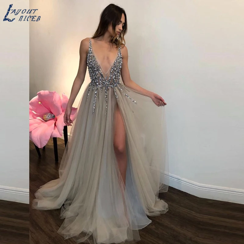 

SHJ865 Robe De Soiree 2019 Hot Sale V-Neck Backless Split Prom Tulle Dress Sexy Beading Stylish Prom Dress Custom Made