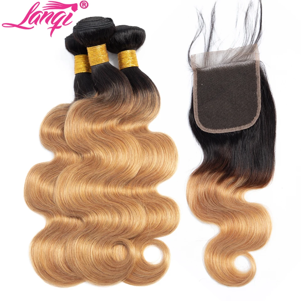 

Brazilian Body Wave Bundles With Closure Ombre Bundles With Closure Two Tone Human Hair Weave 1B/27 blonde bundles with closure