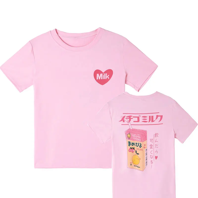 

2018 New Summer T shirt Girls Harajuku Cute Sweet Strawberry Milk Print Basic Women Short-sleeve Tshirt Tops Drop Shipping