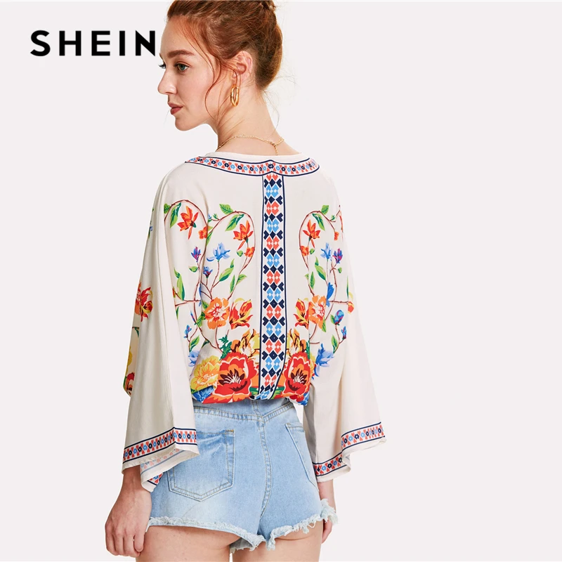 SHEIN Цветочный Топ 2019 Летние Цветочные Блузы С V образным Вырезом Длинным