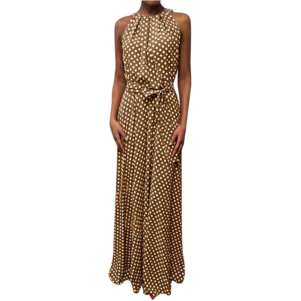 

2019 Vintage Sexy Bohemian Print Dress Women Casual Summer Dot Printed Sleeveless Beach Dress Sundress 25 Drop shipping
