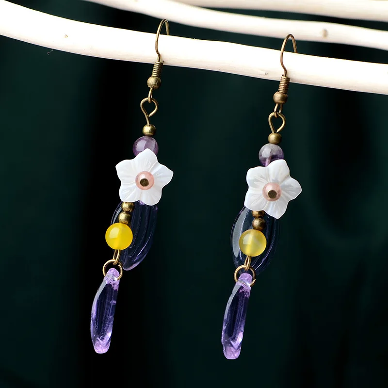 Sweet Antique Purple Coloured Glaze Earrings Shell Flower Long Earrings
