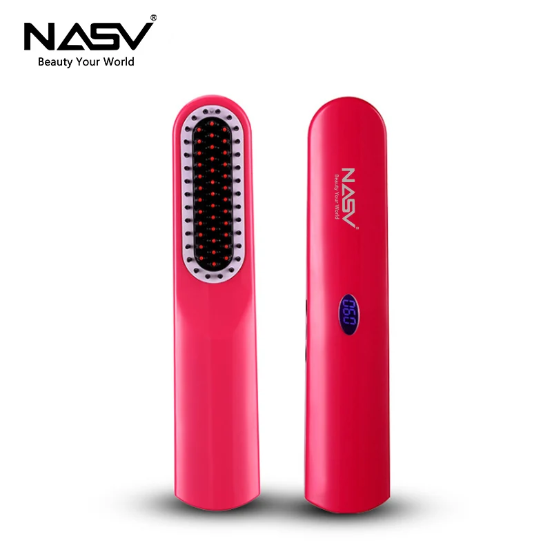 Портативный беспроводной керамическая ионизация волос выпрямитель электрическая расческа для прямых волос USB перезаряжаемые выпрямитель для волос LCD щетка 2 в 1 - Цвет: Rose Red